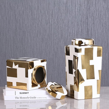 Load image into Gallery viewer, Accent gold print set of two ceramic vase