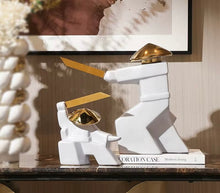Load image into Gallery viewer, Luxury White &amp; Gold Swordsman Ceramic Sculpture – Modern Tabletop Decor Accent
