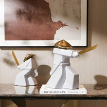 Load image into Gallery viewer, Luxury White &amp; Gold Swordsman Ceramic Sculpture – Modern Tabletop Decor Accent
