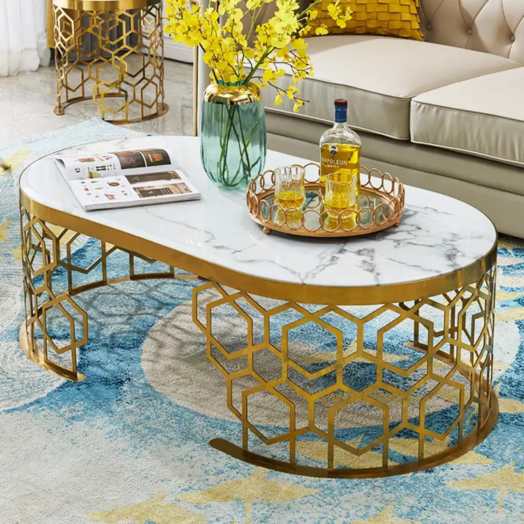 Steel framed oval marble top coffee table