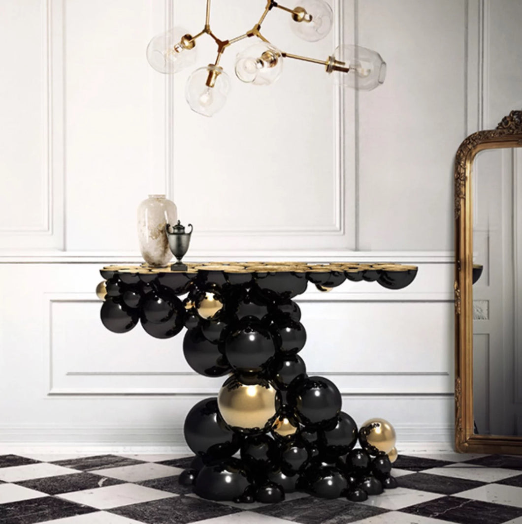 High end handcrafted Spherical designer black/Gold lacquer console table