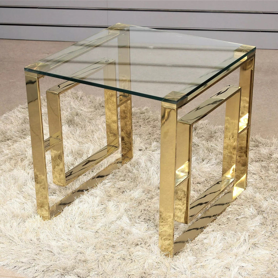 Geometric designer glass top end table