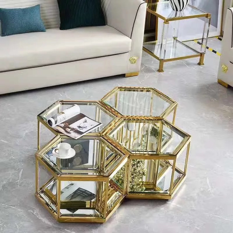 Stainless steel glass golden coffee table set